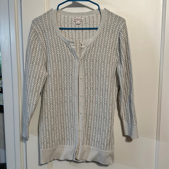 Merona Sweaters - Merona Gray And Cream 3/4 Length Sleeve Women’s Cardigan Size Large
